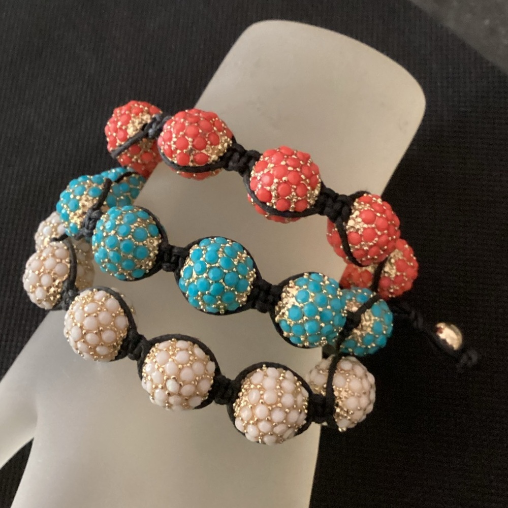 3 Coral turquoise and White Encrusted Golf Ball Shamballa Adjustable Bracelet